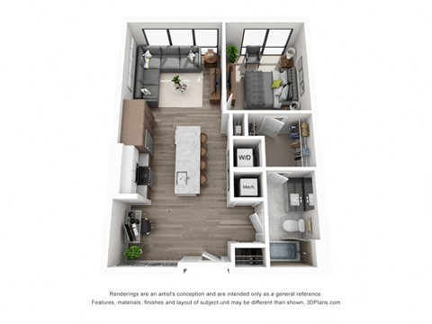 Floor plan for 1 bed, 1 bath, 741 sqft